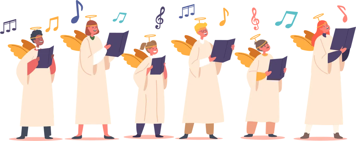 Los niños visten disfraces de ángeles cantan armoniosamente en el coro  Ilustración