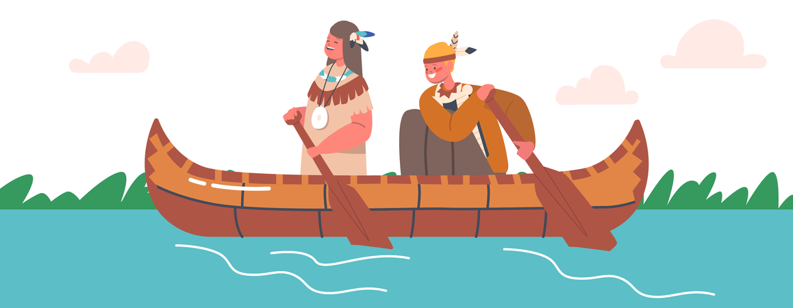 Los niños visten trajes nativos americanos indios nadan en canoa, los niños personajes indígenas juegan en el campamento de verano  Ilustración