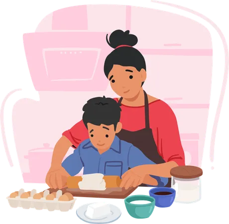 Los personajes de la familia Madre amorosa y su hijo pequeño comparten un momento encantador en la cocina  Ilustración