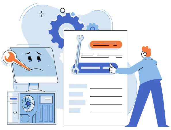 Los técnicos brindan asistencia técnica a los usuarios que experimentan problemas informáticos.  Ilustración