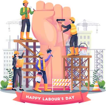 Los trabajadores de la construcción están construyendo un puño gigante para celebrar el Día del Trabajo el 1 de mayo.  Ilustración