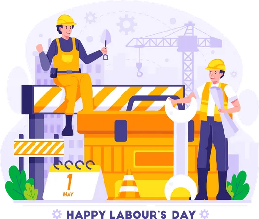 Los trabajadores de la construcción sostienen las herramientas.  Ilustración