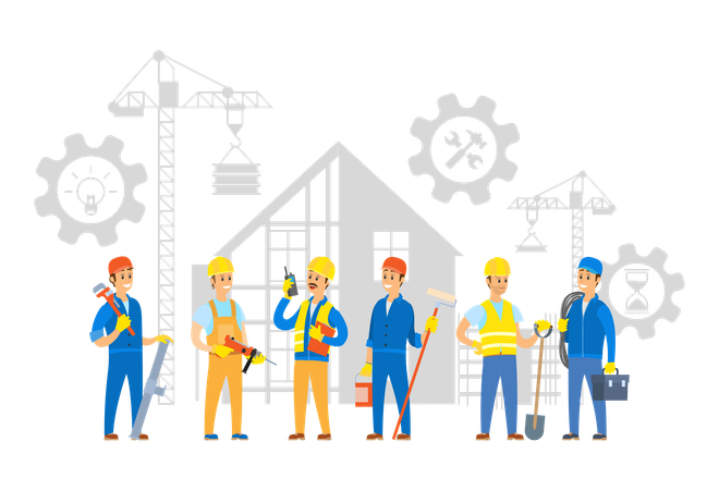 Los trabajadores de la construcción están trabajando en equipo.  Ilustración