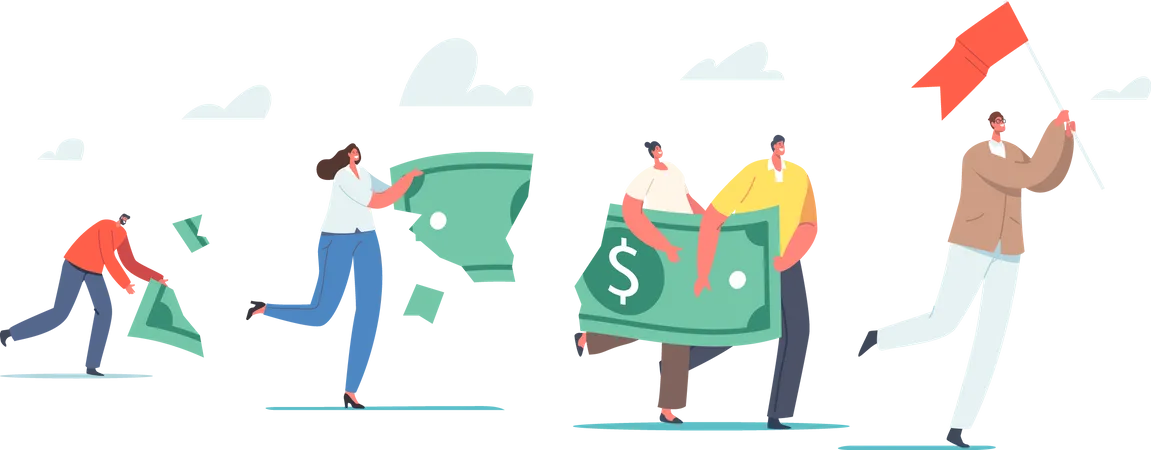 Characters Lose Money Investment In Financial Crisis Profit And Loss In Business Or Deflation And Inflation Concept People With Dollar Follow Leader With Red Flag Cartoon Vector Illustration Illustration