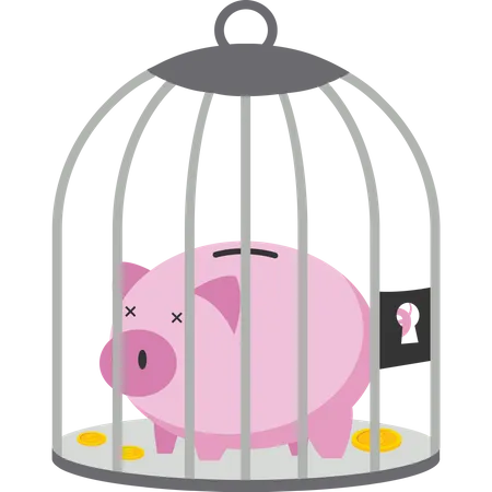 Lose Money Investment In Financial Crisis Money Out Of Wallet Profit And Loss In Business Piggy Bank In A Cage Vector Illustration Design Concept In Postcard Template Illustration