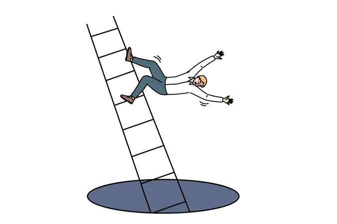 Loser man falls from career ladder into abyss and risking injury due to careless actions  イラスト
