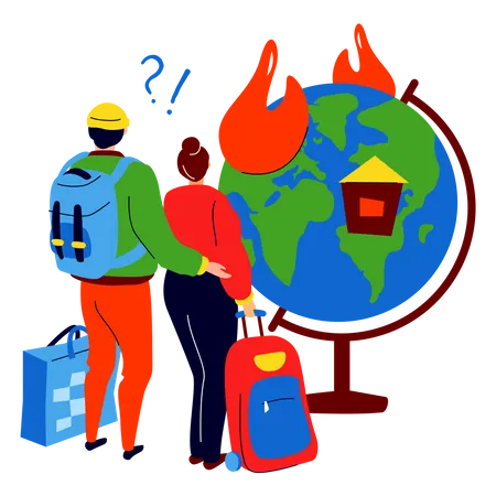 Losing Home Modern Colorful Flat Design Style Illustration On White Background A Scene With A Guy And A Girl With Luggage And Belongings Looking At Their Burning Homeland Refugee And Migration 일러스트레이션