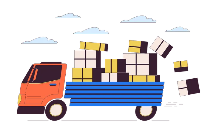Losing Packages While Delivering Line Cartoon Flat Illustration Boxes Falling Down From Truck Body 2 D Lineart Object Isolated On White Background Negligence At Shipping Scene Vector Color Image Illustration