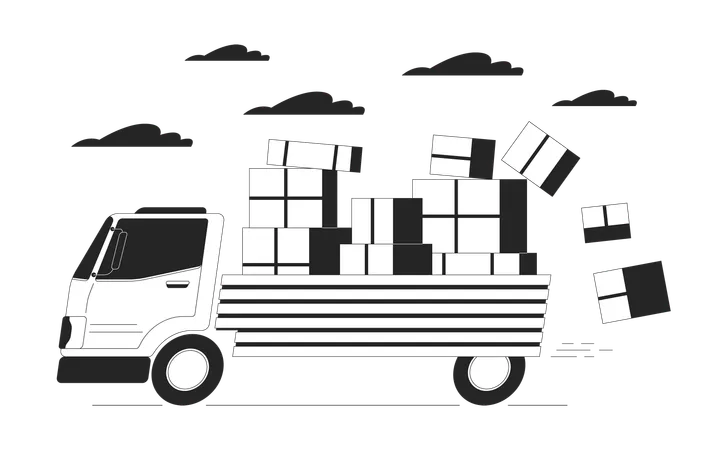 Losing Packages While Delivering Black And White Cartoon Flat Illustration Boxes Falling Down From Truck Body 2 D Lineart Object Isolated Negligence At Shipping Monochrome Scene Vector Outline Image Illustration
