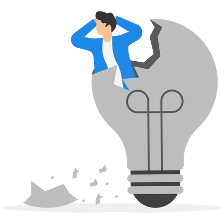 Loss Of Creative Ideas In Business Burnout From Overwork Afraid Of Business Failure Stressed Businessman Holding Head And Sticking Inside Broken Light Bulb Illustration