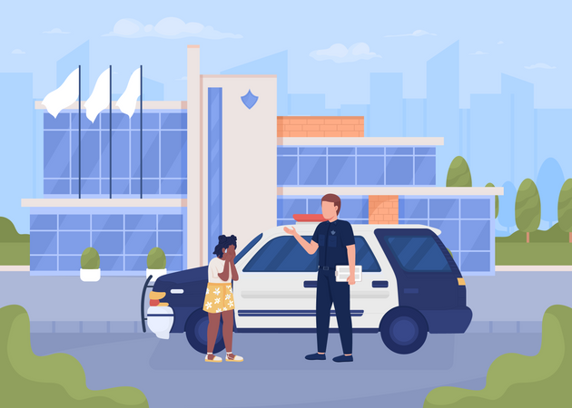 Lost girl and policeman on street Illustration