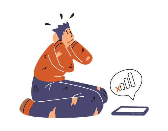 Lost guy sitting and holding his head due to lack of mobile service  Illustration