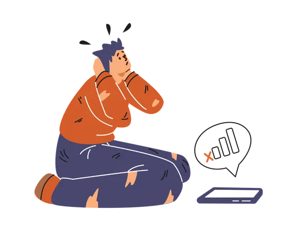 Lost guy sitting and holding his head due to lack of mobile service  Illustration