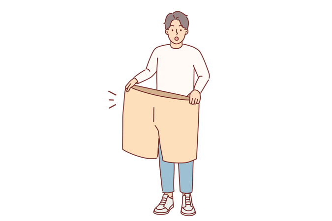 Lost weight man with big shorts in hands is surprised at size of own clothes from past  Illustration