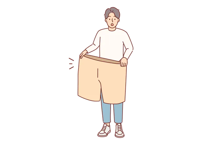 Lost Weight Man With Big Shorts In Hands Is Surprised At Size Of Own Clothes From Past Lost Weight Guy Boasts About Excellent Results Of Diet And Regular Exercise That Help Achieve Goal Illustration