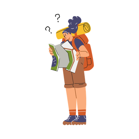 Lost woman with a backpack studying a map  Illustration