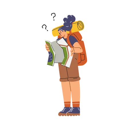 Lost woman with a backpack studying a map  Illustration