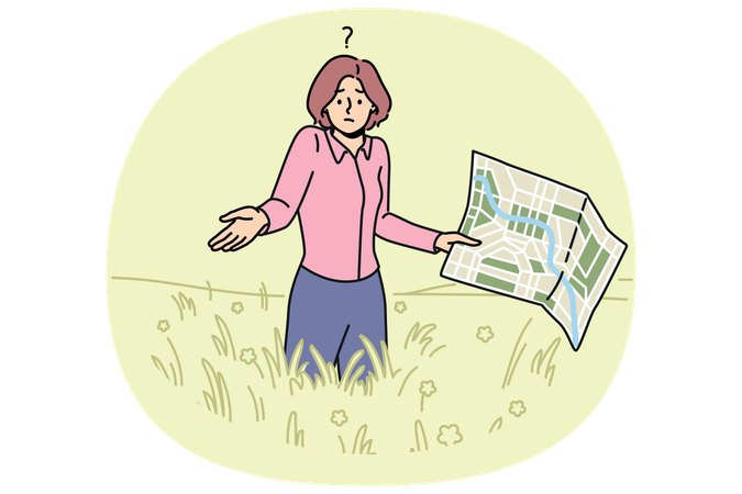 Lost woman with map standing in field and shrugs shoulders while not knowing where to go to find way home  Illustration