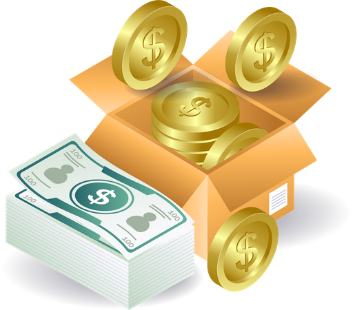 Lots of money in cardboard box  Illustration