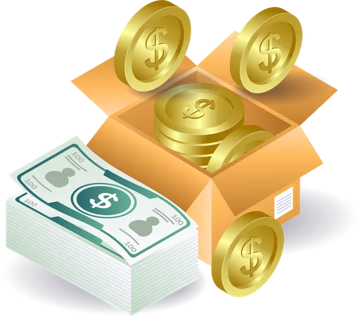 Lots of money in cardboard box  Illustration