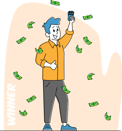 Lottery Winner Male Stand under Falling Money Rain with Lucky Tickets in Hand  イラスト
