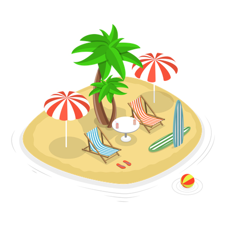 Lounge chairs and sunshade umbrellas on beach side  Illustration