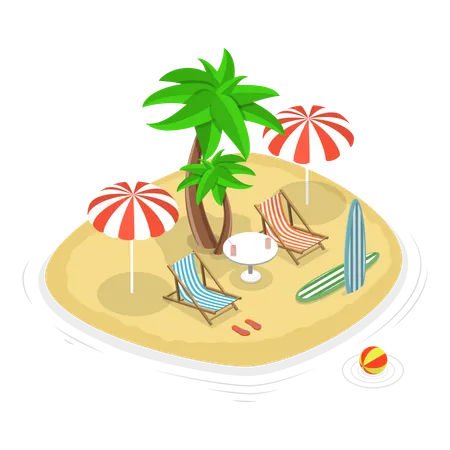 Lounge chairs and sunshade umbrellas on beach side  Illustration