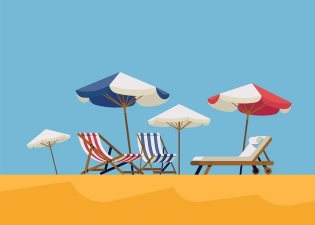 Lounge chairs and sunshade umbrellas on beach side Illustration