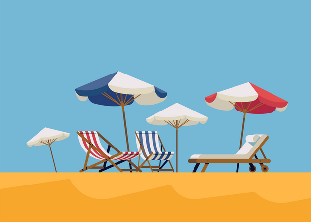 Lounge chairs and sunshade umbrellas on beach side  Illustration