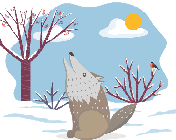 Loup hurlant dans la forêt d'hiver  Illustration