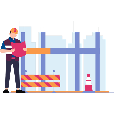 Le travailleur regarde le plan du bâtiment  Illustration