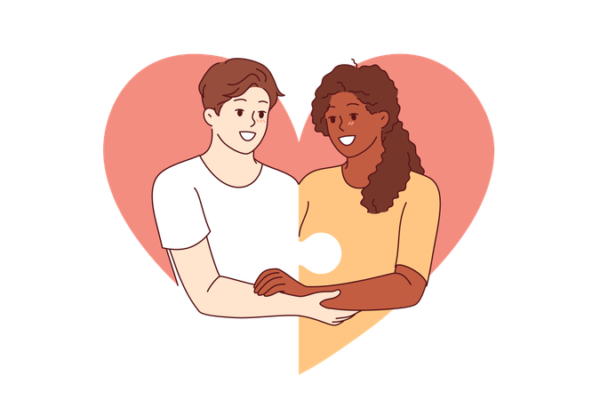 Love between diverse couple and with man and woman holding hands and consisting of puzzle pieces  Illustration