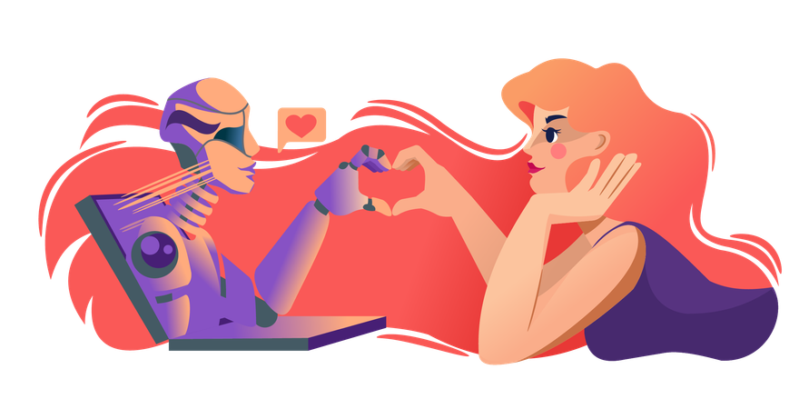 Love between man and robot leaning out of laptop and together making heart out of finger  Illustration