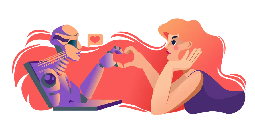 Love Woman And Robot Leaning Out Of Laptop And Together Making Heart Out Of Finger Girl Experiences Romantic Relationship And Love For Chat Bot With Artificial Intelligence After Working Together Illustration