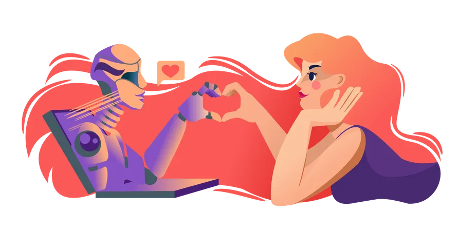 Love between man and robot leaning out of laptop and together making heart out of finger  Illustration