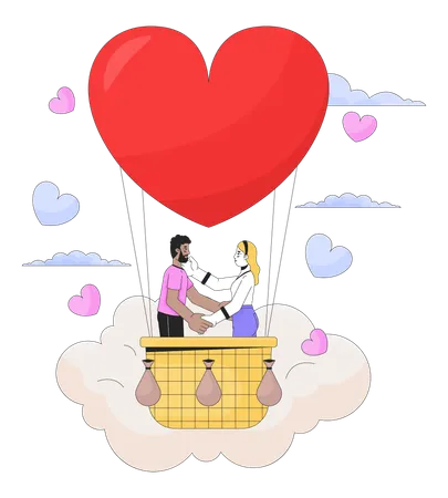 Love Confession In Hot Air Balloon Flight 2 D Linear Illustration Concept Interracial Couple Cartoon Characters Isolated On White Special Occasion Metaphor Abstract Flat Vector Outline Graphic Illustration