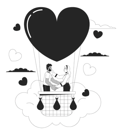 Love Confession In Hot Air Balloon Flight Black And White 2 D Illustration Concept Interracial Couple Cartoon Outline Characters Isolated On White Special Occasion Metaphor Monochrome Vector Art Illustration