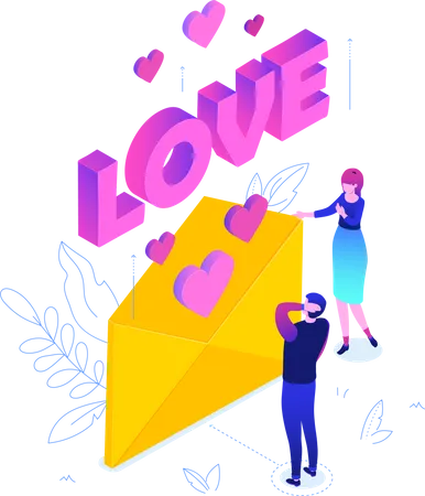 Love Letter Modern Colorful Isometric Vector Illustration On White Background A Composition With A Woman Giving A Man Email Images Of Hearts And Love Sign Perfect As A Card On St Valentines Day Illustration