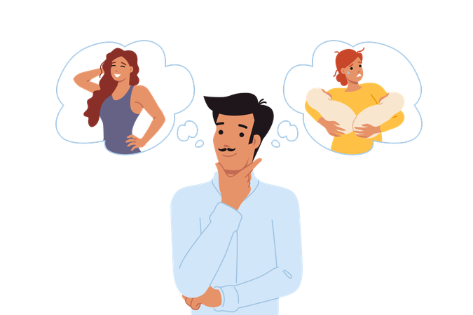 Love triangle between man cheating on disappointed wife with babies in arms  Illustration