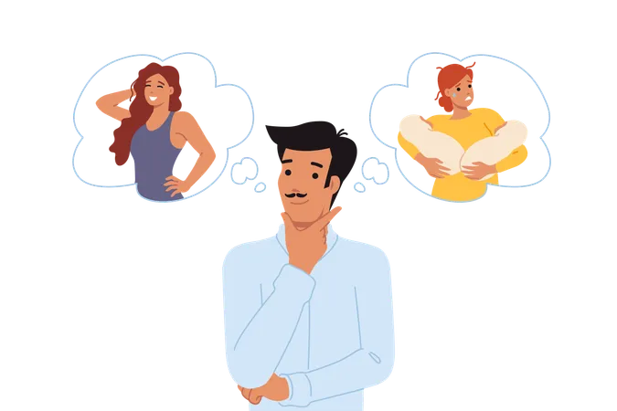 Love triangle between man cheating on disappointed wife with babies in arms  Illustration