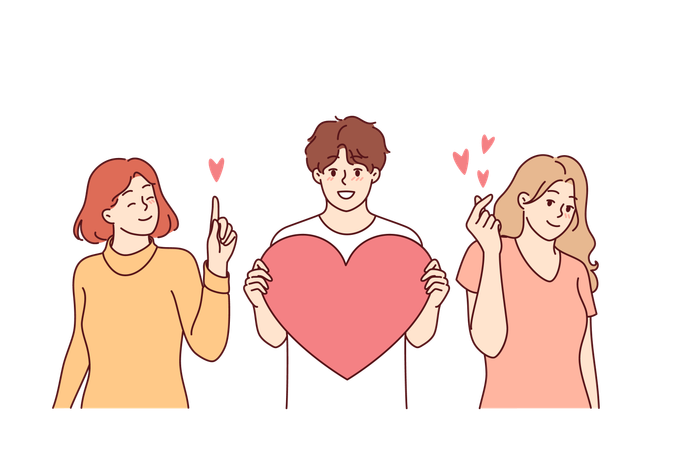 Love triangle between man with big heart and two girlfriends vying for attention of attractive guy  Illustration