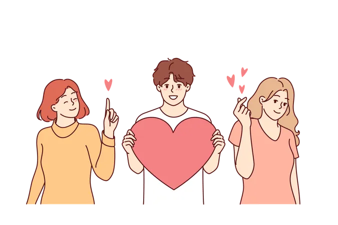 Love triangle between man with big heart and two girlfriends vying for attention of attractive guy  Illustration