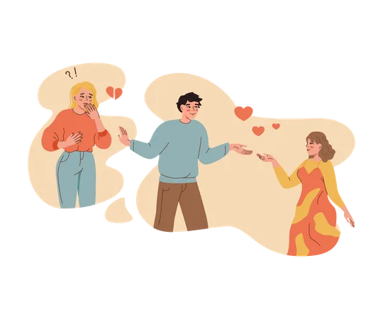 Love triangle of man confused in romantic feelings and choosing between two women  Illustration