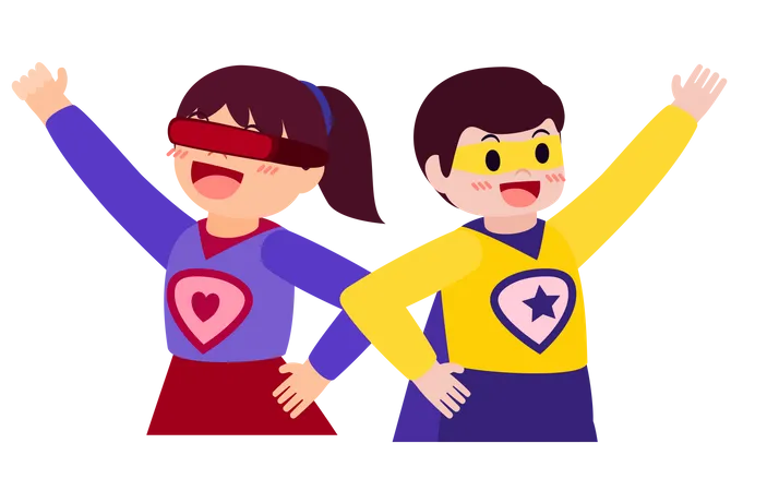 Lovely Boy And Girl In Superhero Costumes And Masks Of Party Hero Day In Cartoon Character On Bright Background Vector Illustration Illustration