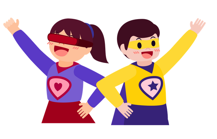 Lovely boy and girl in Superhero Costumes and Masks of party hero day  Illustration