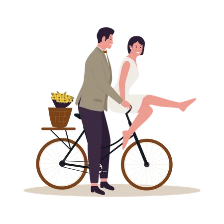 Happy Wedding Couple On Bicycle Illustration For Website Landing Page Mobile App Poster And Banner Trendy Flat Vector Illustration Illustration