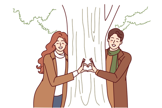 Lovely couple are doing romance behind tree  Illustration