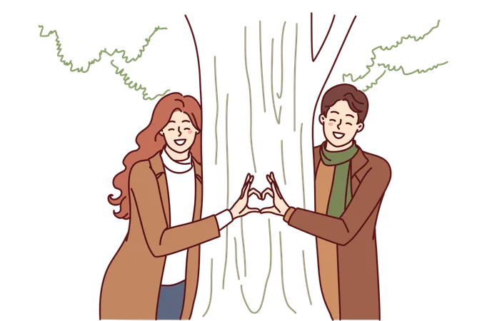 Lovely couple are doing romance behind tree  Illustration