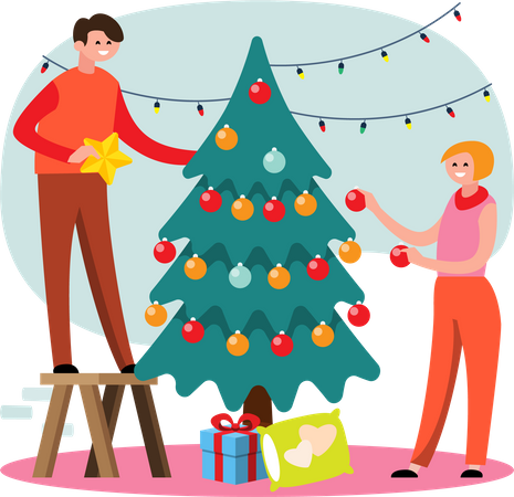 Lovely couple decorating Christmas tree  Illustration