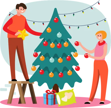 Lovely couple decorating Christmas tree  Illustration